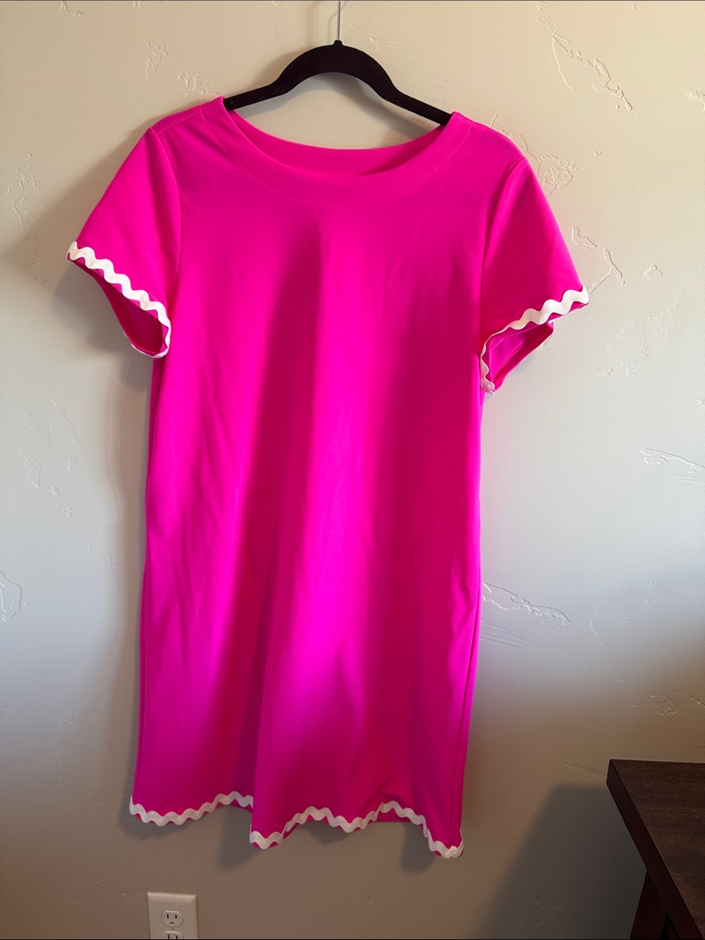 Judy Connally hot pink shift dress (loose and not fitted) with rick rack trim